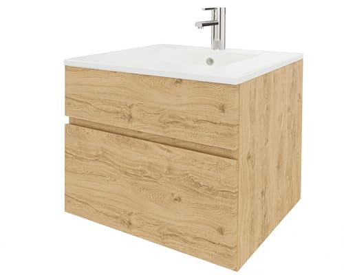 wohnartig® Stella Waschtischunterschrank – Hängend | Eiche Artisan | 50,5 × 39,3 × 50 cm | Moderner Waschbeckenunterschrank mit Keramikwaschbecken | Waschbecken mit Unterschrank | Badmöbel