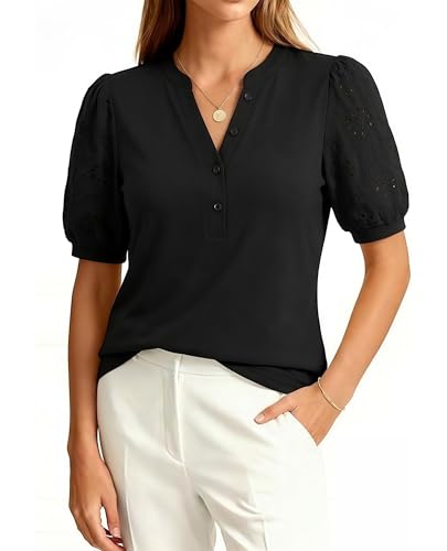 Uhiger Black Blouses for Women Henley V Neck Embroidered Eyelet Puff Sleeve Female Plus Size Summer Outfits