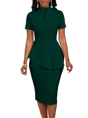 Image of WanMem Women Formal Bodycon Peplum Cocktail Dress Short Sleeve Bow Ruffle Pencil Party Midi Dresses