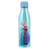 Disney Frozen Trinkflasche aus Aluminium, Blau, 600 ml, wiederverwendbar, BPA-frei, Soda-Flaschenform, Design Elsa und Anna
