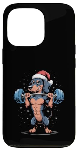 クリスマス ダックスフント ウェイトリフティング 面白い デッドリフト フィットネス ジム スマホケース iPhone 13 Pro 用