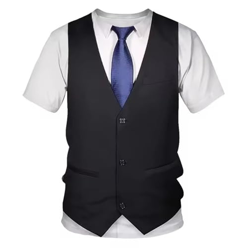 T-shirt à manches courtes pour homme - Col rond - Avec chemise - Gilet de costume - Cravate - Imprimé amusant - Pour fête - Loisirs - Mode - Vêtement...