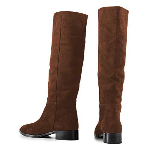 FYS Women Knee High Boots Block Low Heel Suede Pointed Toe Wide Calf Boots Pull on Dress Fall Winter Fashion Shoes Size 4-15 US3