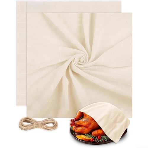 Feeshoppher Juego de estopilla reutilizable de algodón sin blanquear para cocinar, hornear y asar, incluye dos paños de filtro grandes con dobladillo y cordel natural de dos metros para envolver y