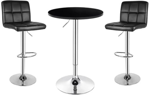 AWF AL WADI FURNITURE® 3-Piece Adjustable Round MDF Wood Bar Table Set with 2 Bar Stools for Pub Counter Kitchen Home PU Leather Bar Chairs with Footrest 360°Swivel Perfect for Small Space, Black