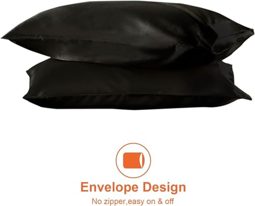 Image of Satin Pillow Covers Set of 2 - Soft & Smooth Pillowcases for Hair & Skin Care | Envelope Closure | Includes 3 Free Random Color Scrunchies | Frizz-Free Sleep Essentials (Black)