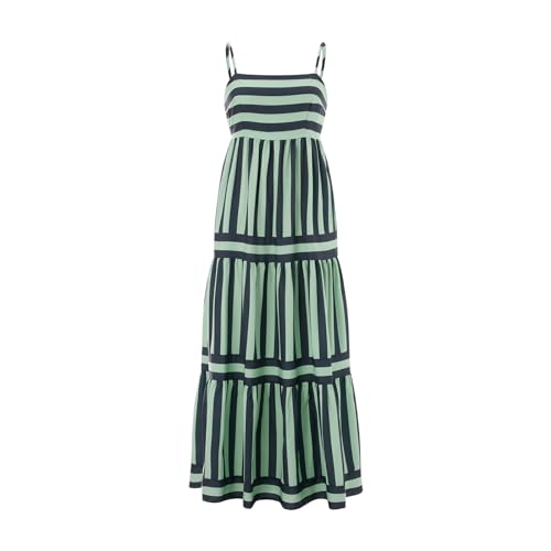 Image of KMBANGI Women Striped Sleeveless Maxi Dress Swing Patchwork Midi Dress Smocked Spaghetti Strap Colorful Long Sundress