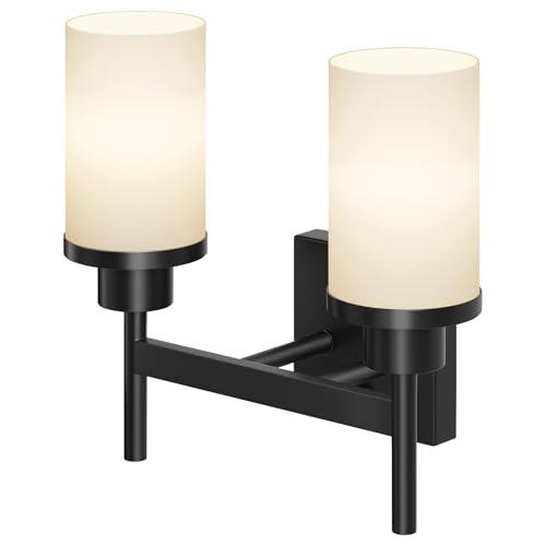 Image of Wall Light Fixtures Matte Black Bathroom Vanity Lights Over Mirror with White Frosted Glass, Double Wall Lamps for Hallway Washroom Porch T001MB-L2