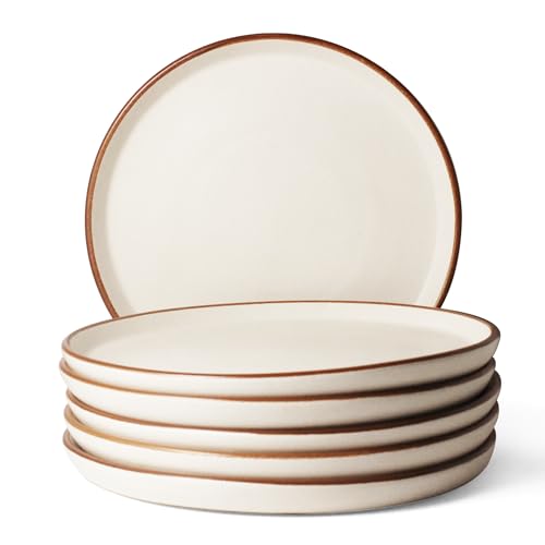 Image of Ceramic Dinner Plates, 6 Pcs | Rim Plate for Easy Eating | Microwave, Oven, Dishwasher Safe | Set of 6 Ceramic Plates for Dinner | Handmade | (Vanilla Biscuit, Set of 6 Dinner Plates)