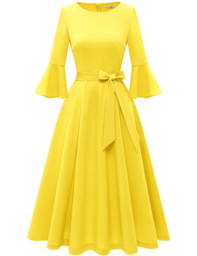 Image of HomRain Women's Church Dresses Modest Bell Sleeve Wedding Guest Cocktail Tea Party Vintage Evening Dress