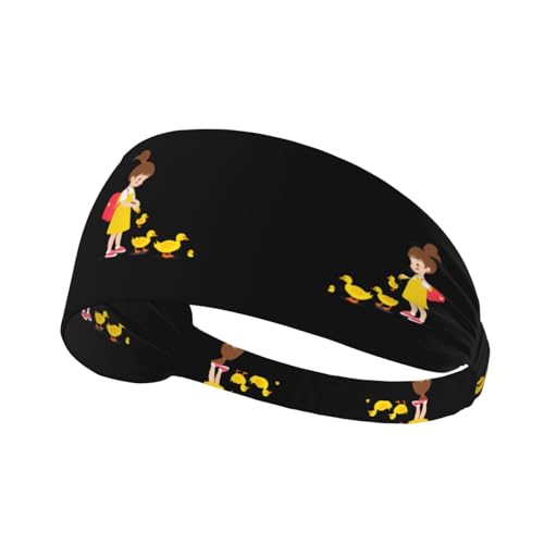 Elastic Sports Headband Hairband BROLEO little girl feeding ducklings Printing Quick Drying, Moisture Wicking