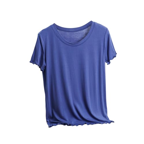 Short Sleeve Sleep Shirts for Women Modal Round Neck Solid Color Pajamas Top Ladies Soft Comfy Sleepwear Tops (Blue,X-Large)