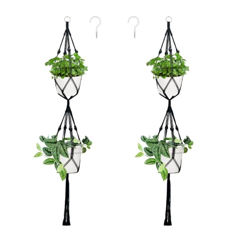 Belit 2 Pack Double Macrame Plant Hangers 2 Tier Hanging Planter Basket Decorative Flower Pot Holder Rope for Indoor Outdoor Home Decor 51 Inch, Black