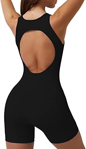 elelady Women's Workout Yoga Gym Jumpsuit Seamless One Piece Backless Tummy Control Padded Sports Bra Rompers Black L