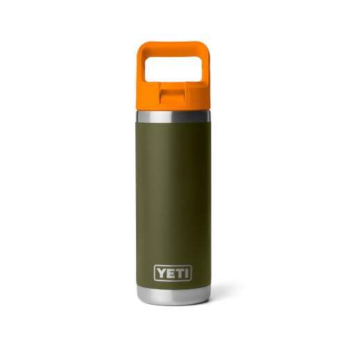 Image of YETI Rambler 18 oz Bottle, Vacuum Insulated, Stainless Steel with Color Matching Straw Cap, Olive /King Crab Orange