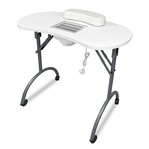 Froadp Mesa de Manicura Plegable Con Aspiradora, Móvil de Estudio Con Ruedas, Cojín para Manos, Cajón y Bolsa de Almacenamiento para Salón de Belleza (Blanco)