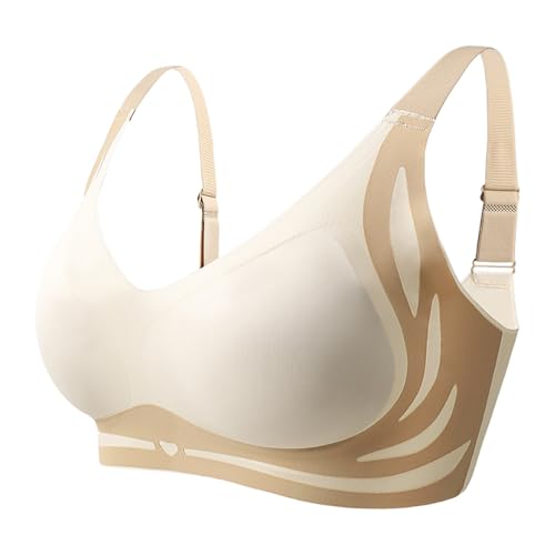 Generisch Sujetador para mujer con borde de encaje y hebilla en la parte delantera, sin anillo de acero, fruncido sin costuras, ajustado, yoga, dormir, sujetador grande, beige, M