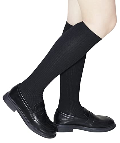 Girls Knee High Socks Kids School Uniform long socks Seamless Cotton Stockings White and Black 3- Pack