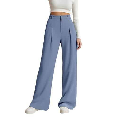 Women's Casual Wide Leg Pants High Waisted Comfortable Loose Straight Dress Pants for Work Business Summer (Blue, XL)
