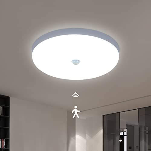 Lámpara de Techo LED con Sensor de Movimiento, 30W 6600K Luz de Techo Moderna con Luz Blanca Fría, Ø25CM Plafón Redonda Blanca para Cocina, Pasillo, Escalera, Dormitorio, Entrada (IP40)