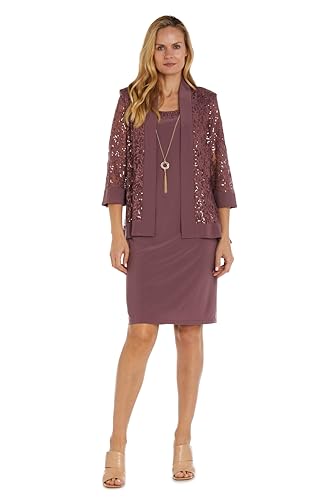 Image of R&M Richards Women's 2-Piece Knee Length Banded Hi-Lo Sequined Jacket Dress W /Detachable Necklace