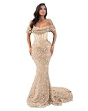 Womens Sparkly Sequin Beading Prom Dresses 2025 Long Champagne Off The Shoulder Formal Pageant Dress Rhinestone Mermaid Evening Party Ball Gown Size 0
