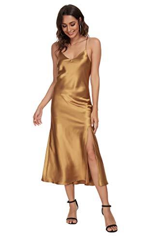 ALCEA ROSEA Women s Sexy Long Satin Dress with Slit Backless Spaghetti Strap Cocktail Evening Party Dresses (Rich Gold,M)