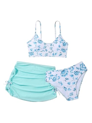 Image of COZYEASE Girls' 3 Piece Set Floral Print Bikini Swimsuit with Drawstring Beach Skirt Cute Ruched Bathing Suit