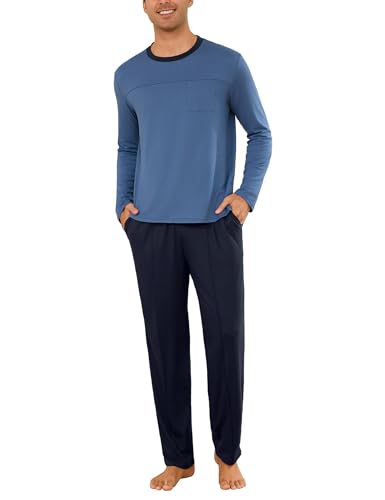 Leversic Pijamas Hombre Invierno Camisa Henley de Manga Larga Ropa de Dormir Sencilla en Color Liso Top y Pantalones Largos de Lounge con Bolsillos(Azul,M)