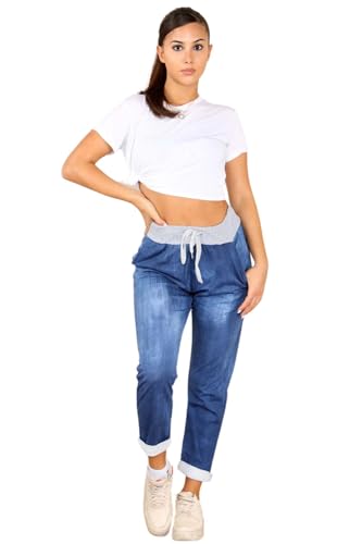 STAR FASHION Women's Italian Elastic Waist Active Yoga Floral Printed Plain Jogging Pants Turn Up Ladies Casual Jogger Hoop Trouser | Dark Denim Tie Dye | 16-18