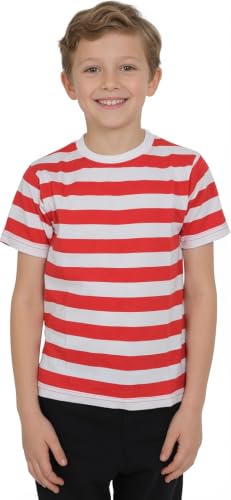 Image of NuJake Kids Boys & Girls Red White Striped T-Shirt Top 100% Cotton Children's Ages 5 up to 13 Years (UK, Age, 5 Years, 6 Years, Regular)