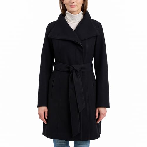 Image of Michael Kors Womens Faux Wool Wrap Coat with Belt, Long Winter Coats for Women, Black, Medium