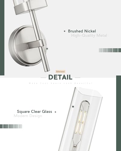 Image of Modern Wall Sconces Set of 2, Brushed Nickel Bathroom Vanity Sconces with Square Clear Glass Shade, Wall Mount Lights for Mirror Bedroom Hallway, Upward Lighting Only, E26 Base, VL262-BN-2PK