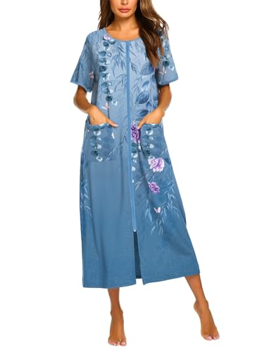 Image of Ekouaer Women Robe Zipper Short Sleeves Full Length House Coat with Pockets