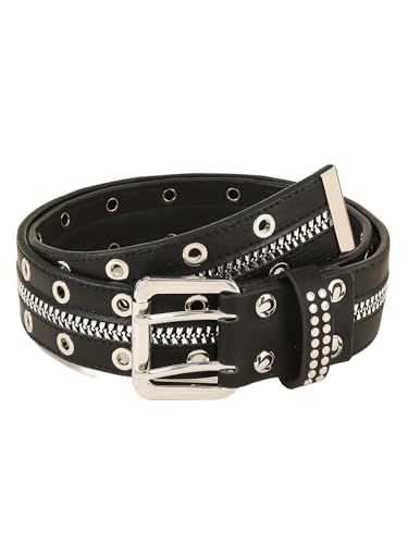 Women's Vintage Zip Rivet Studded Belts PU Leather Western Punk Waist Belts for Jeans