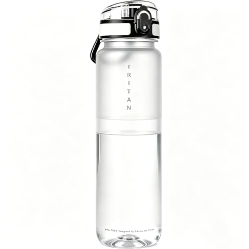 Edmyre 32oz Clear Tritan Water Bottle with Chug Lid, Frosted & BPA-Free, Leakproof, Wide Mouth, Portable Sports Water Bottle for Gym, Office, Travel, Outdoor（Transparent）