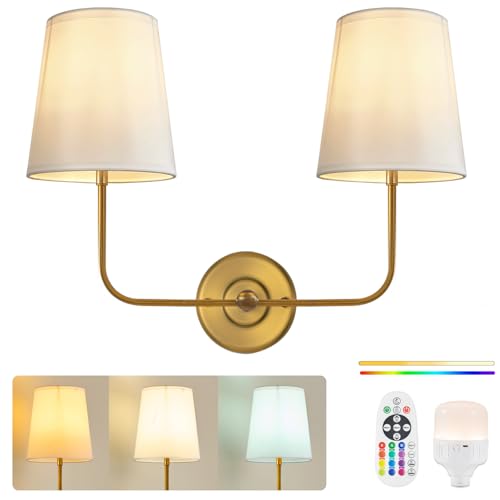 Image of PASSICA DECOR Vintage Gold 2-Light Battery Operated Double Wall Sconce with Dual Head No Wiring Dimmable Cordless Sconces with Remote Control Indoor Light Fixture for Bedroom Living Room Art Gallery