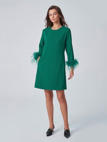 Image of D-Sun Women Feather Dress 3 /4 Feather Sleeves Mini Dress | Round Neck,Elegant Party Dress, Wedding Guest Cocktail Dresses with Pocket
