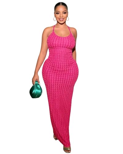 Image of RARITYUS Women's Lace Up Bodycon Maxi Dress Sexy Low Cut Backless Sleeveless Textured Long Party Club Dresses
