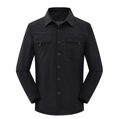 Generisch Camisa cargo para hombre, cuello alto, con botones, camisa de trabajo con doble bolsillo, fina, monocolor, transpirable, de secado rápido, cómoda y práctica para exteriores, Negro , M