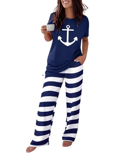 Image of CHICME Womens Pajamas Sets 2 Piece Short Sleeve Lounge Set Printed Loose Pants Pj Sets Loungewear Set