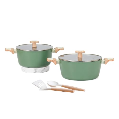 Image of Kreme Ceracook Ceramic Coated Granite 6 Pc Casserole Cookware Set, Stew Pot, Biriyani, ISI Certified Cooking Pot, Forged Aluminium, Gas & Induction Use, PFAS & PTFE Free, 1 Yr Warranty, Olive Green