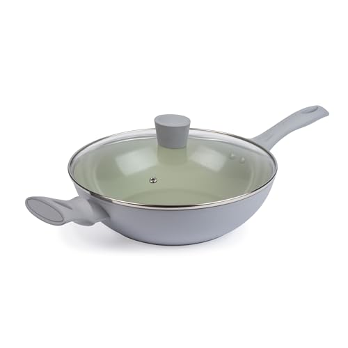 Salter Earth 28cm Wok Pan – Healthy Ceramic Non-Stick Coating, PFAS-Free Induction Cookware, Small Aluminium Stir-Fry, Easy Clean, PFOA/PTFE-Free Cooking, Stay Cool Handle, Green