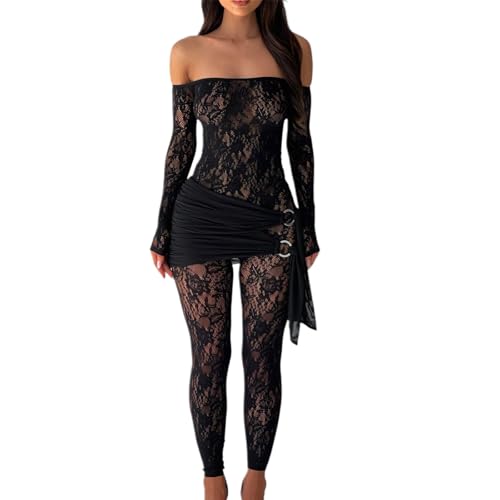 Owegvia Mono sexy de encaje de manga larga para mujer con hombros descubiertos, malla de retazos transparente semitransparente, ajuste ceñido, ropa de club, Negro, S