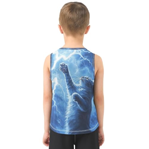 Boys Tank Top Shirts Cat Animal Blue Sleeveless T-Shirts Crew Neck for Kids Clothing Children3