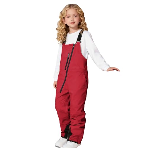 Snow Bibs Kids Insulated Overalls for Boys Girls Waterproof Snowpants Fashion Oblique Zipper Front Athletic Overalls Red