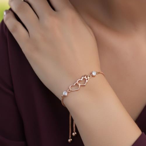 Image of Nilu's Collection Double Heart Shape Cubic Zirconia Charm Bracelet, Love Bracelet for Women and Girls, Valentine's Day Gift