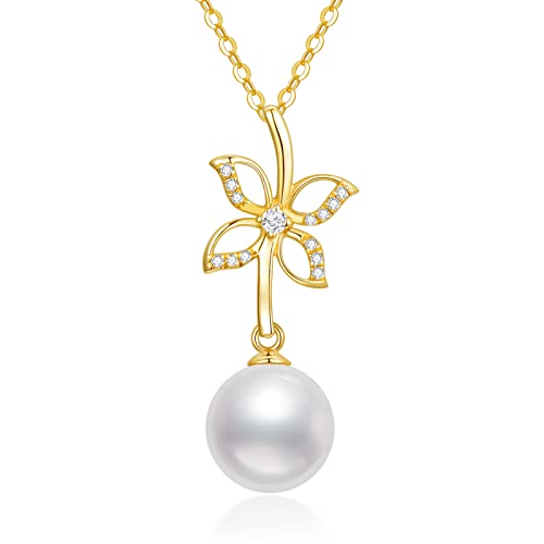 14K Real Gold Pearl Pendant Necklace for Women,Yellow Gold Butterfly/Crown/Flower Pearl Necklaces Christmas Birthday Jewelry Present for Wife Mom Girlfriend 16''-18''