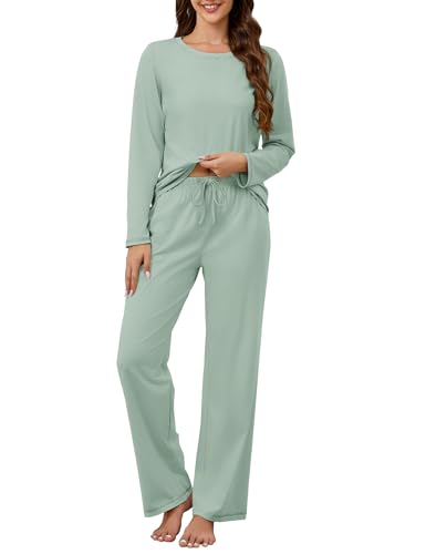 Image of KCW Womens Pajamas Sets 100% Cotton 2 Piece Lounge Set Long Sleeve Tops and Pants Soft Pjs Sleepwear with Pockets