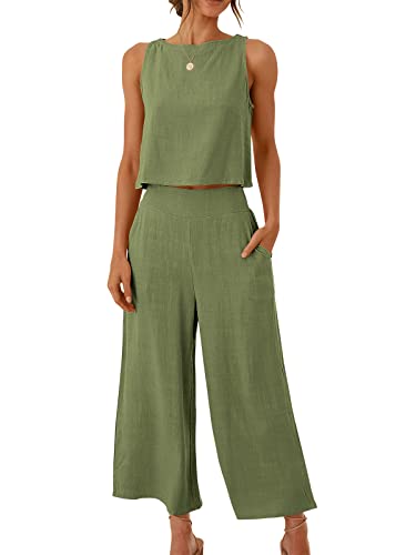Image of ANRABESS Women's Summer 2 Piece Outfits Sleeveless Tank Crop Button Back Top Cropped Wide Leg Pants Set Pockets